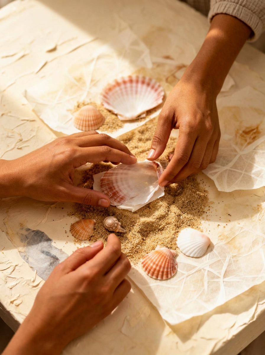 Hands gently arranging seashells and sand on textured ivory paper