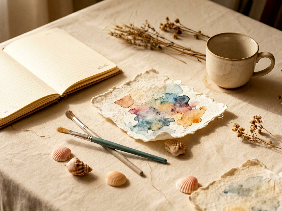 A sunlit studio table with handmade paper, watercolor brushes, seashells and an open journal